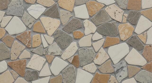 Abstract mosaic tile texture background, featuring a variety of irregular stone shapes and earthy tones, suitable for seamless surface design or pattern usage photo