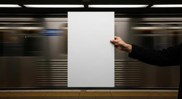 Blank Poster Mockup Held in Subway Station A Portrait Shot with a Blurred Train in the Background, Dramatic Concept photo
