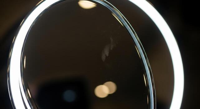 Close-up view of a modern illuminated mirror with a reflective surface, featuring a circular design and a clean aesthetic for personal care photo