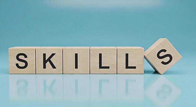 de madera bloques ortografía habilidades en un azul superficie enfatizando el importancia de habilidad desarrollo y aprendizaje nuevo habilidades en un moderno minimalista ajuste creando un positivo y motivacional estado animico foto