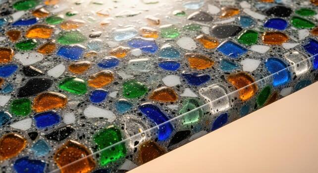 Close-up view of a colorful terrazzo surface, showcasing embedded glass and stone fragments, perfect for backgrounds and textures in design projects photo