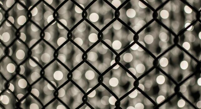 Intricate Metal Mesh Overlay A Detailed Close-Up, Showcasing the Diamond Pattern and Blurred Bokeh Background photo
