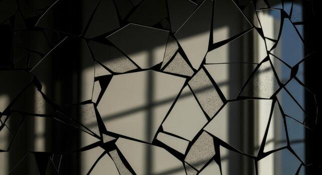 Artistic representation of a shattered glass surface, with light and shadow play, evoking a sense of fragility and disruption within a visually compelling aesthetic photo