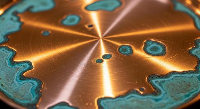 Close-up view of a polished copper plate with verdigris accents, radial polish marks, and warm specular highlights, creating an abstract texture and aesthetic photo