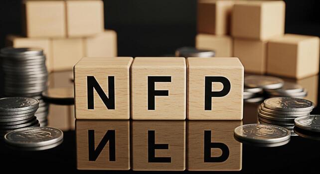 Wooden blocks displaying NFP amidst stacks of coins and blocks on a reflective surface symbolizing the importance of Nonfarm Payroll data in financial markets and economic analysis creating a sense of photo