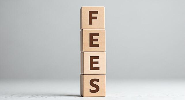 Wooden blocks stacked vertically in a minimalist studio setting spelling out the word FEES representing financial obligations costs and expenses with a clean and modern aesthetic photo