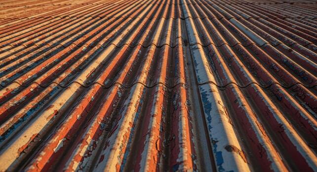 Weathered corrugated metal roof with peeling paint under sunlight, texture and abstract detail in architectural pattern photo