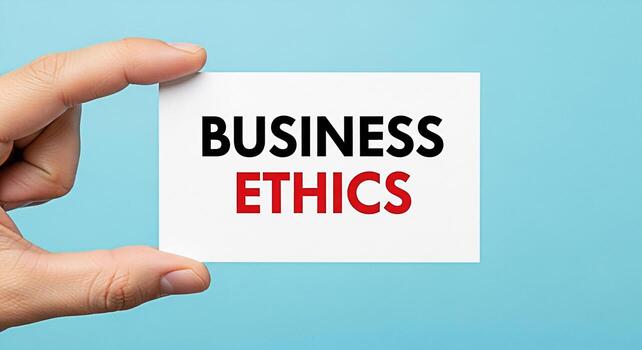 Closeup of a hand holding a card displaying the words Business Ethics against a light blue background emphasizing the importance of ethical practices and corporate responsibility in a professional set photo