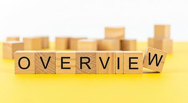 Wooden blocks spelling Overview on a bright yellow surface presenting a comprehensive summary and strategic planning symbolizing clarity and a broad perspective in a business or educational setting photo