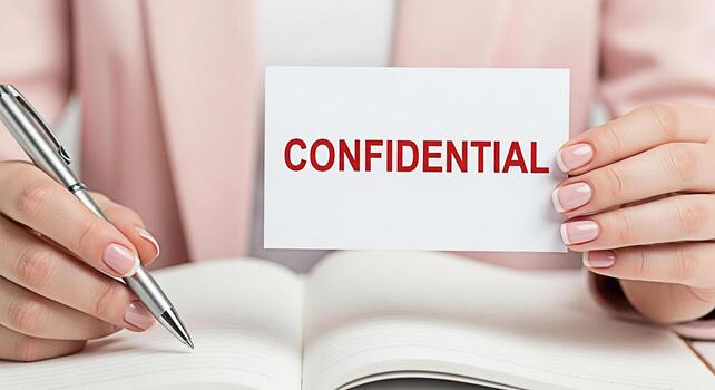 Professional woman holding a confidential document while taking notes in a bright office setting emphasizing secrecy and discretion in business communication and information management photo