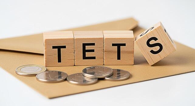 Wooden blocks spelling TET and a block with S on a brown envelope with coins representing financial planning and savings for the Vietnamese Lunar New Year symbolizing prosperity and good fortune photo