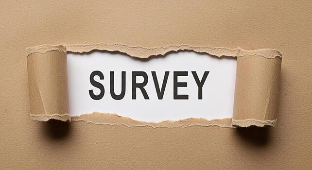 The word Survey revealed through torn brown paper symbolizing the unveiling of opinions and data creating a sense of discovery and importance in a neutral textured background photo