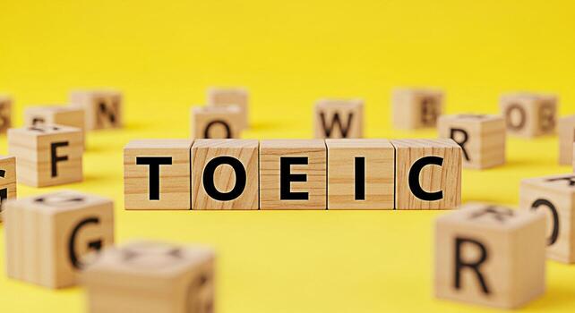 Wooden alphabet blocks spelling out TOEIC on a bright yellow background representing test preparation and educational success creating a focused and optimistic learning environment photo