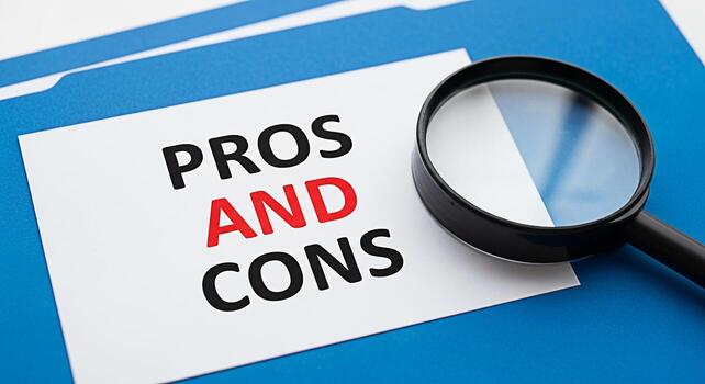Closeup of a magnifying glass examining a document labeled Pros and Cons on a blue folder representing careful analysis and decisionmaking in a business or personal context emphasizing clarity and eva photo