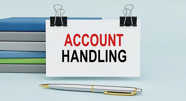 Account handling message displayed on a white card held by binder clips placed on a light blue desk with a pen and a stack of colorful books conveying a sense of financial management and organization photo