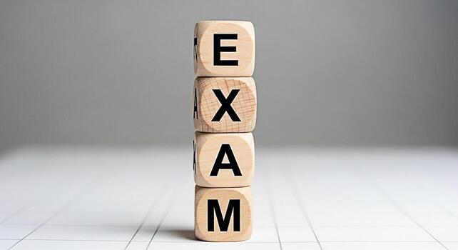 Stacked wooden blocks spelling EXAM in a bright studio setting symbolizing academic challenge test preparation and the pressure of performance conveying a sense of anticipation and focus on educationa photo