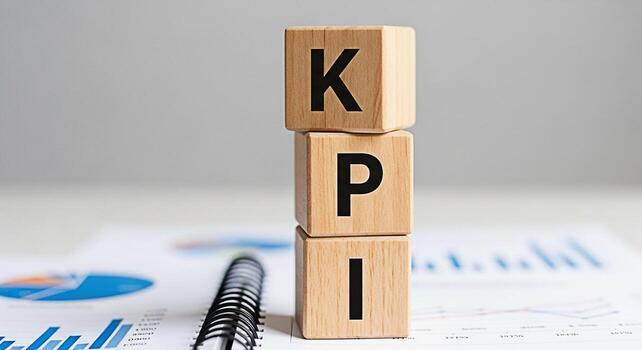 Stacked wooden blocks displaying KPI on a desk with business charts and graphs representing key performance indicators for business success and strategic planning in a corporate environment photo