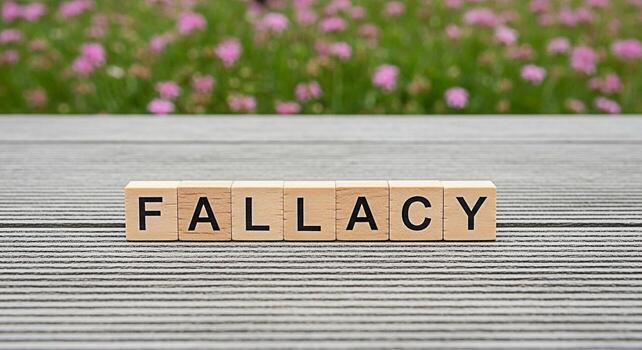 Wooden blocks spelling out FALLACY on a weathered wooden surface set against a backdrop of blurred pink flowers representing a logical error or deceptive argument in a natural setting symbolizing crit photo
