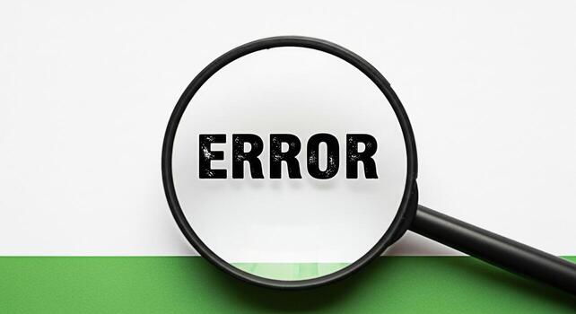 Magnifying glass focusing on the word ERROR against a white and green background symbolizing a problem mistake or malfunction requiring investigation and solution creating a sense of urgency and atten photo
