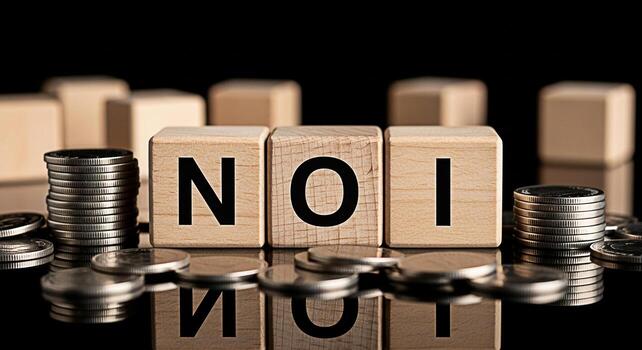 Wooden blocks spelling NOI surrounded by stacks of coins on a reflective surface representing Net Operating Income in a financial and investment context conveying growth and profitability photo