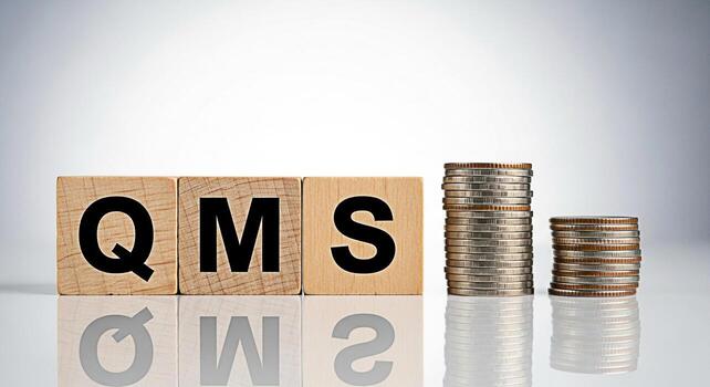 Wooden blocks spelling QMS next to stacks of coins on a reflective surface representing Quality Management System implementation and financial investment in a structured business environment conveying photo