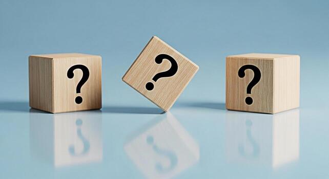 Three wooden blocks displaying question marks on a reflective surface symbolizing uncertainty and the need for answers in a business or personal context creating a mood of curiosity and problemsolving photo