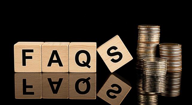 Wooden blocks spelling FAQs next to stacked coins on a reflective black surface representing financial questions and answers investment advice and a helpful resource for money management and financial photo