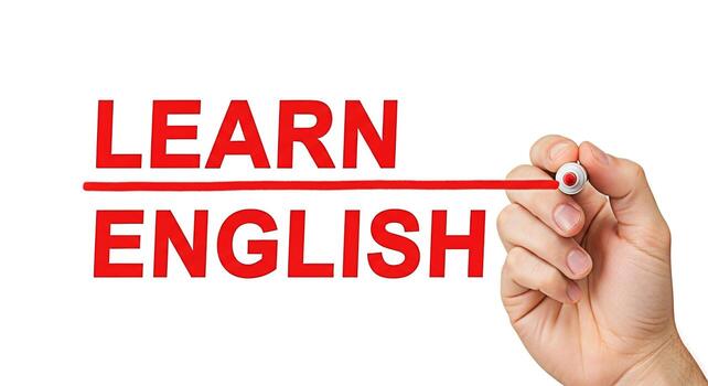 un mano subraya el palabras aprender Inglés en rojo marcador en un blanco antecedentes simbolizando el importancia de educación y idioma adquisición para global comunicación y personal desarrollo en un mes foto