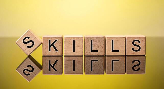 de madera bloques ortografía habilidades en un reflexivo superficie en contra un vibrante amarillo fondo simbolizando aprendizaje competencia y el importancia de desarrollando nuevo habilidades para carrera avance y persona foto