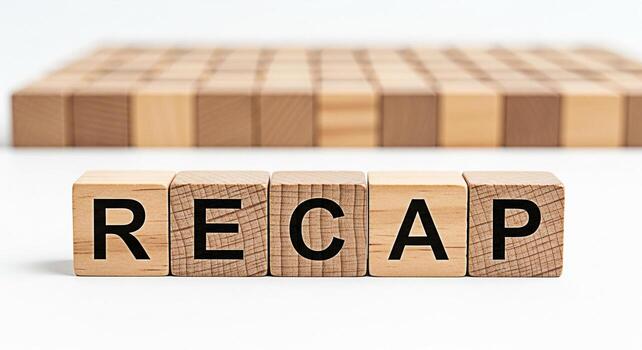 Wooden blocks spelling RECAP on a white surface symbolizing a review and summary of past events set against a background of blurred wooden blocks creating a sense of focus and clarity for business or photo