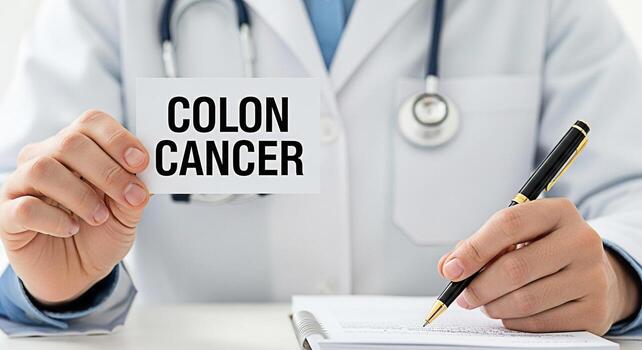 Concerned doctor in a clinical setting holding a sign that reads Colon Cancer while taking notes emphasizing the importance of awareness and early detection for improved patient outcomes photo