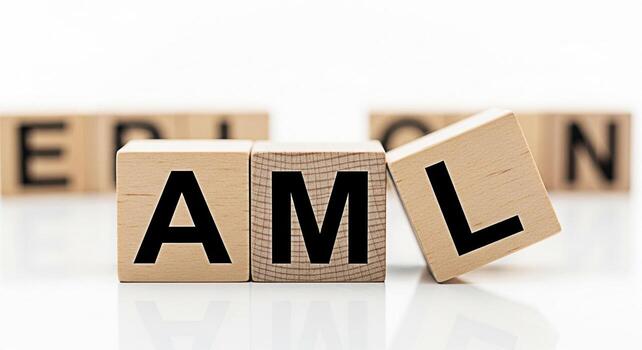 Wooden blocks spelling AML representing AntiMoney Laundering compliance in a clean bright studio setting symbolizing financial security and regulatory adherence with a focus on transparency photo