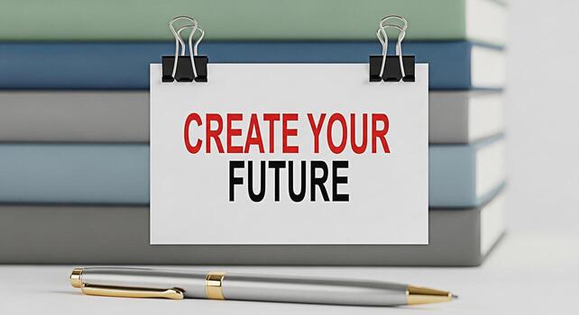Inspirational message Create Your Future displayed on a white card with binder clips resting against a stack of books with a pen in the foreground symbolizing motivation and planning for success photo