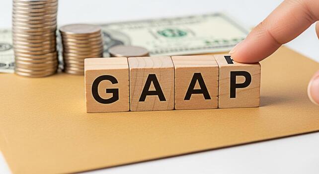 Closeup of a finger arranging wooden blocks spelling GAAP on a textured surface with stacks of coins and a dollar bill in the background representing financial compliance and accounting principles photo
