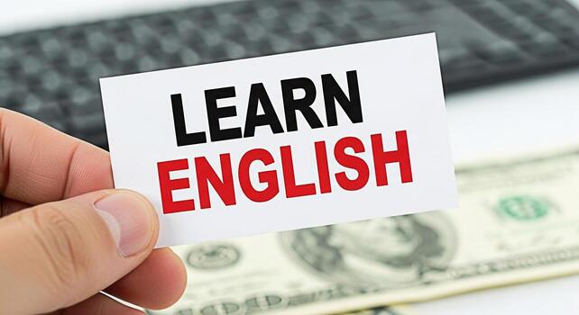 de cerca de un mano participación un tarjeta con el texto aprender Inglés terminado un apilar de nosotros dólar cuentas simbolizando el inversión y oportunidad en idioma educación para un más brillante futuro foto