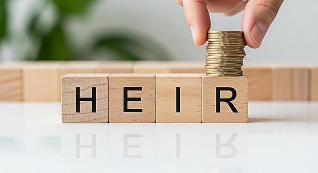 Hand stacking coins on wooden blocks spelling HEIR in a bright studio setting symbolizing inheritance wealth accumulation and financial planning for future generations with a focus on legacy photo