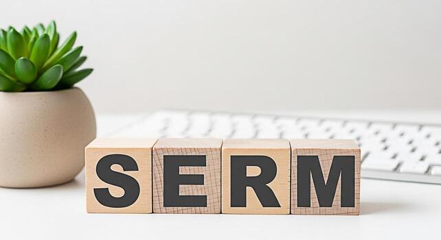 Wooden blocks displaying SERM on a white desk with a succulent and keyboard representing Search Engine Reputation Management and a positive online presence in a modern business environment photo