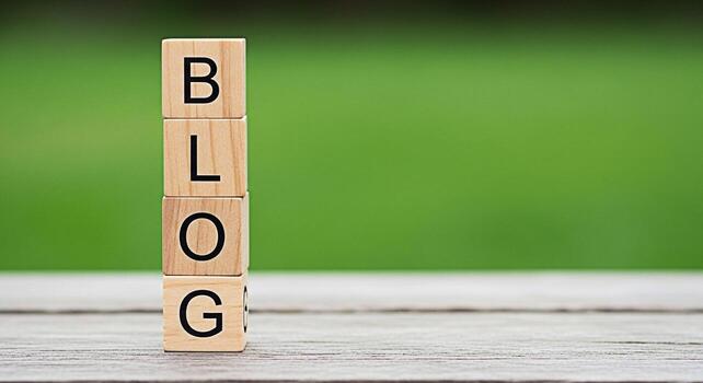 de madera bloques ortografía Blog apilado en un rústico de madera mesa en contra un vibrante verde antecedentes representando en línea contenido creación comunicación y el dinámica mundo de blogging con un Fresco natura foto