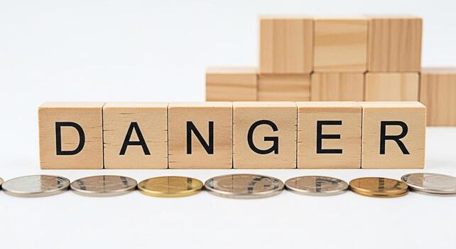 Wooden blocks spelling DANGER arranged on a white surface with coins symbolizing financial risk and uncertainty in the economy creating a sense of caution and awareness for investment strategies photo