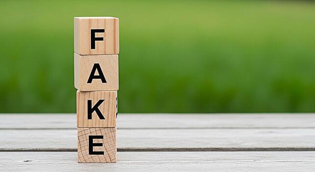 Wooden blocks spelling FAKE stacked on a weathered wooden table set against a blurred green background symbolizing deception and the importance of truth in media and information dissemination photo