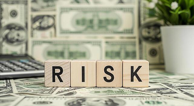 Wooden blocks spelling RISK on a bed of US currency with a calculator and plant in the background representing financial risk investment risk and the potential for both loss and gain photo