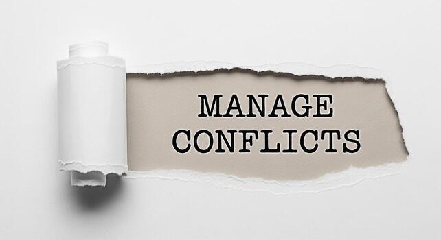 Torn paper revealing the words Manage Conflicts on a neutral background symbolizing resolution and problemsolving in a business or personal setting fostering a sense of hope and positive change photo