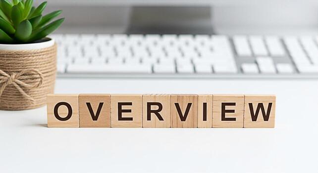 Wooden blocks spelling Overview on a white desk with a potted plant and keyboard in the background representing a summary analysis or general understanding of a topic or situation in a clean office se photo