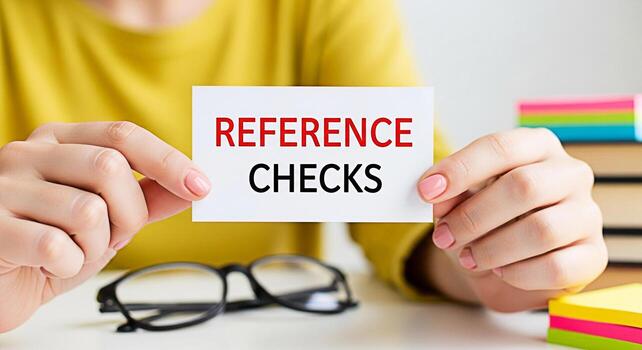 Woman holding a card with the words Reference Checks in a bright organized office emphasizing the importance of thorough background verification and professional integrity in the hiring process photo