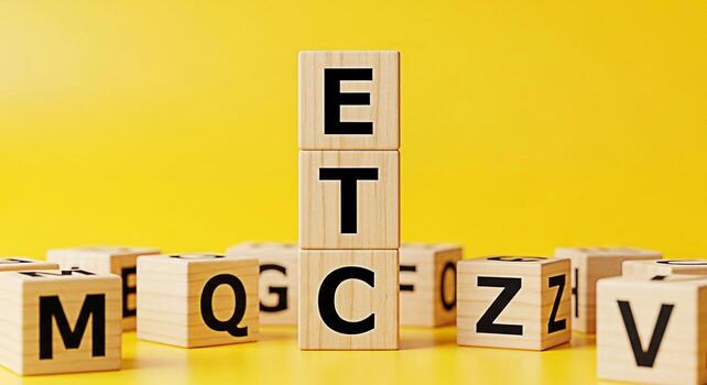 Wooden alphabet blocks spelling out ETC on a bright yellow background conveying a sense of education learning and the endless possibilities of language and communication in a playful and engaging way photo
