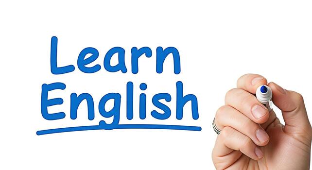 mano escritura aprender Inglés en un pizarron con un azul marcador simbolizando educación y idioma adquisición en un aprendizaje ambiente Fomentando un positivo y alentador estado animico para estudiantes foto