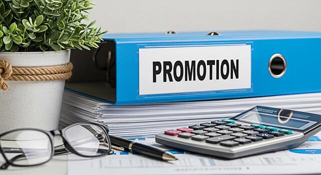 de cerca de un azul promoción archivo carpeta descansando en un apilar de documentos en un brillante oficina ajuste simbolizando negocio crecimiento y éxito con un calculadora bolígrafo y lentes cerca transporte un sentido de o foto