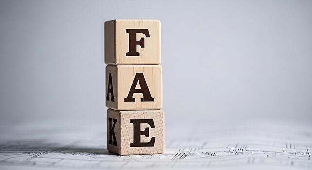Wooden blocks spelling FAKE stacked on a blueprint symbolizing deception and misinformation in a technical or architectural context creating a sense of distrust and questioning authenticity photo