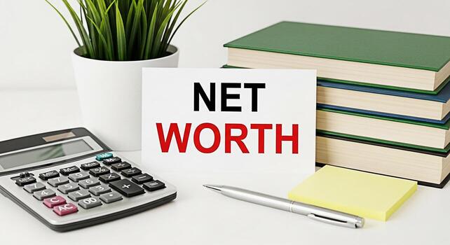 Analyzing net worth with a calculator and financial documents on a bright white desk symbolizing financial planning investment strategies and wealth management for a secure financial future photo