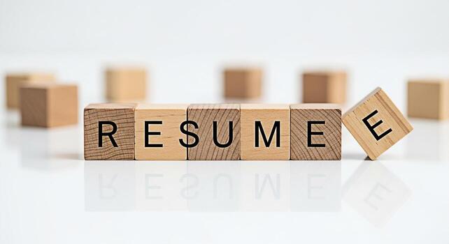 Wooden blocks spelling RESUME on a white surface with the last E slightly askew symbolizing career preparation and job application in a clean minimalist setting conveying a sense of focus and professi photo